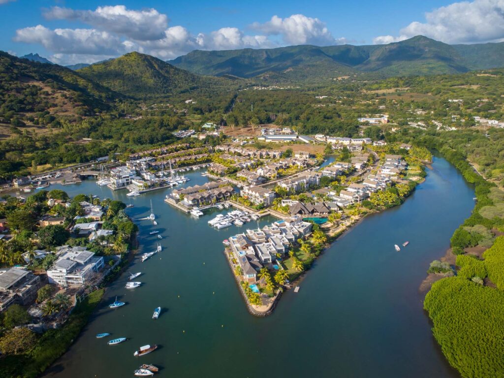 Panoramic view of the Balise Marina in Tamarin, a gem of luxury real estate in Mauritius