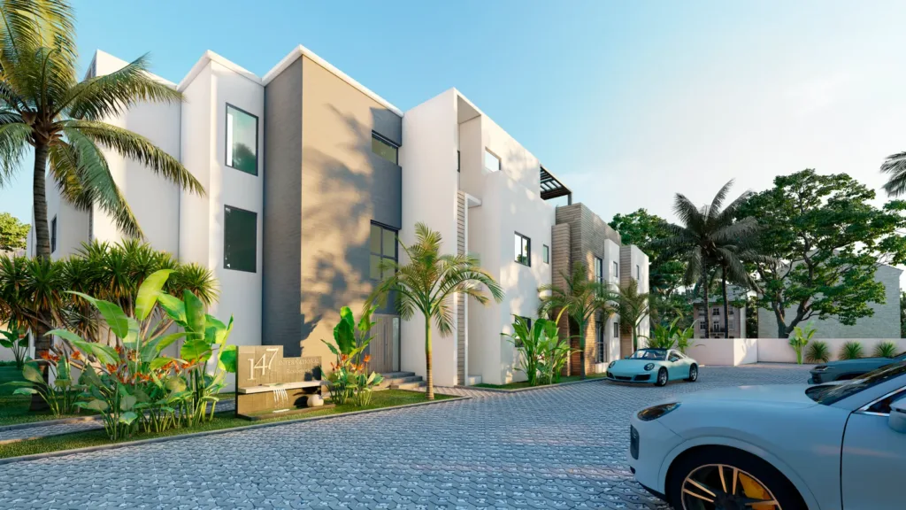Façade de la résidence 147 International vue de l’allée, Tamarin, île Maurice (illustration)