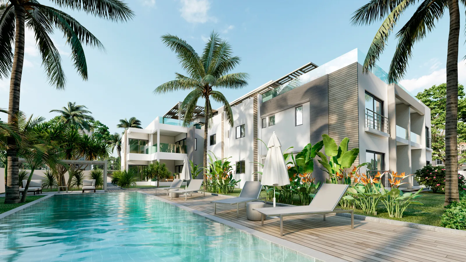 Piscine et façade de la résidence 147 International, appartements neufs à Tamarin, île Maurice (illustration)