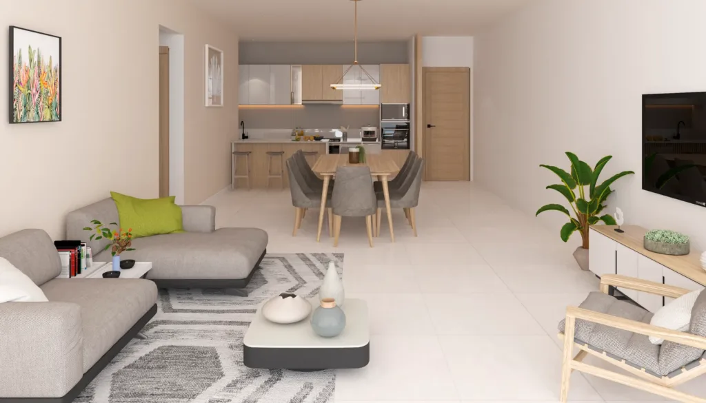 Séjour d’un appartement de 3 chambres, 147 International, Tamarin, île Maurice (illustration)