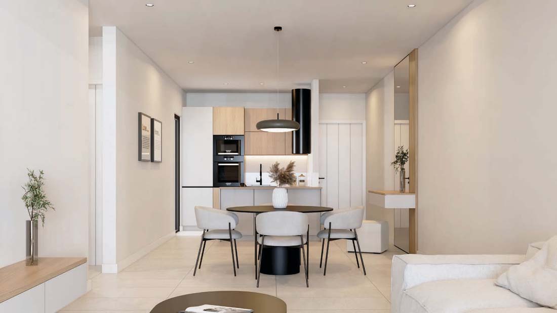 Cuisine ouverte et salle à manger d’un appartement AMALI, Tamarin