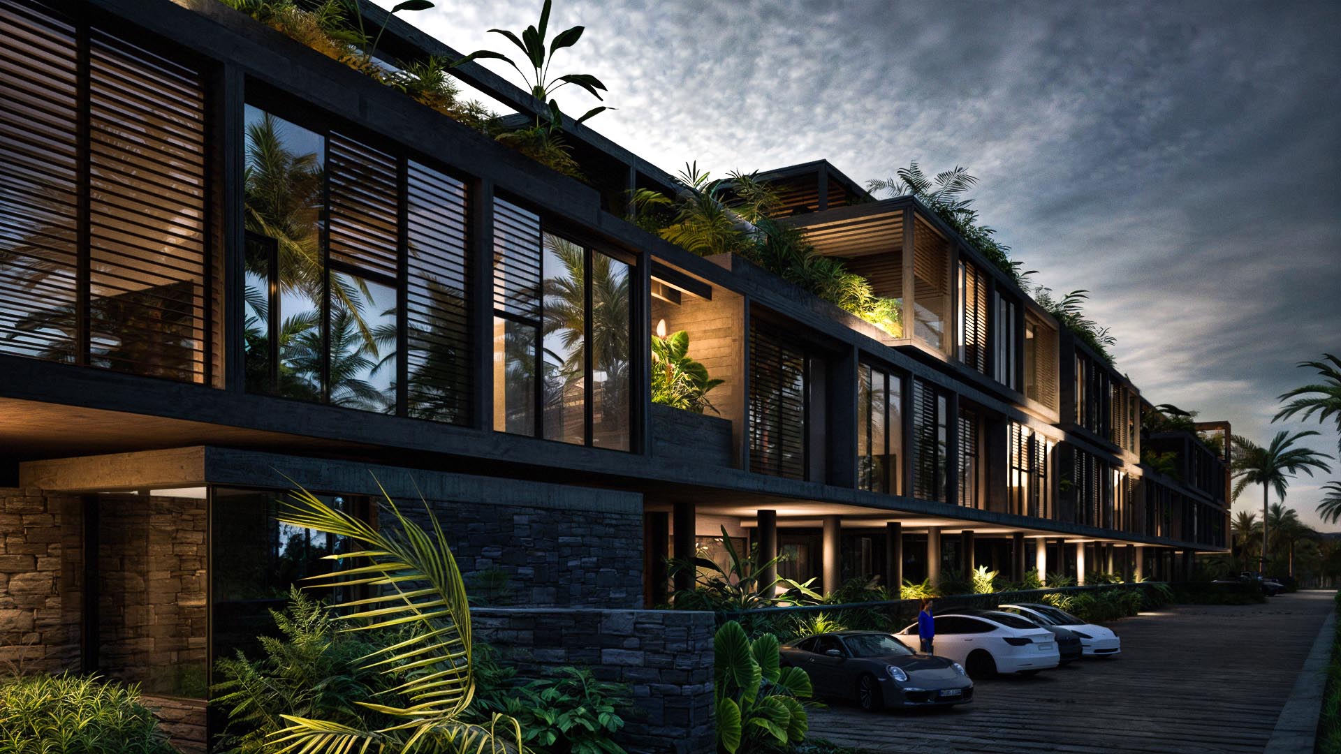 Ambiance nocturne – Crystal Cove by Westimmo Façade végétale éclairée de nuit à Crystal Cove, ambiance tamisée