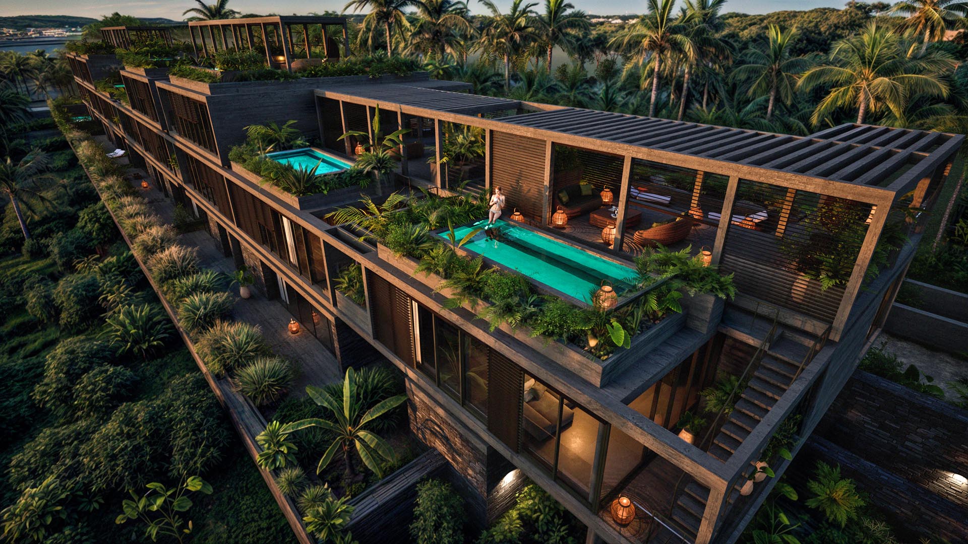 Architecture en gradins – Crystal Cove de nuit Résidence Crystal Cove by Westimmo de nuit, rooftops avec piscines éclairées