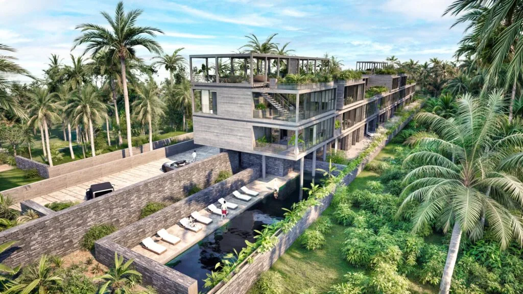 Architecture tropicale et végétation luxuriante à Crystal Cove, Roches Noires, île Maurice