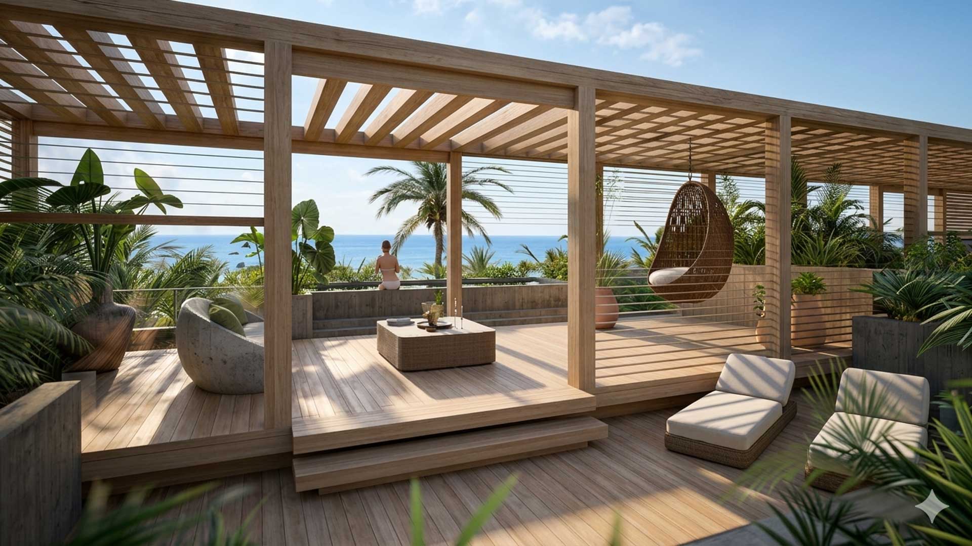 Coral Paradise Roche Noire – terrasse rooftop en bois avec piscine privée et vue panoramique sur l'océan Indien