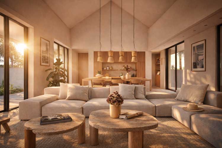 Villa Enaïa Pointe d'Esny – intérieur lumineux au design contemporain, salon ouvert sur piscine privée