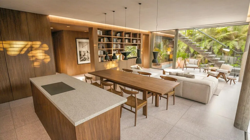 Espace de vie contemporain ouvert sur le jardin d'un appartement Crystal Cove, Roches Noires, île Maurice