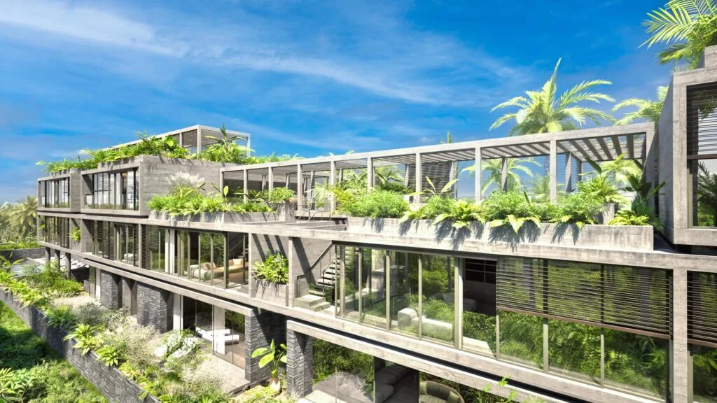 Façade avant contemporaine de la résidence Crystal Cove, Roches Noires, île Maurice