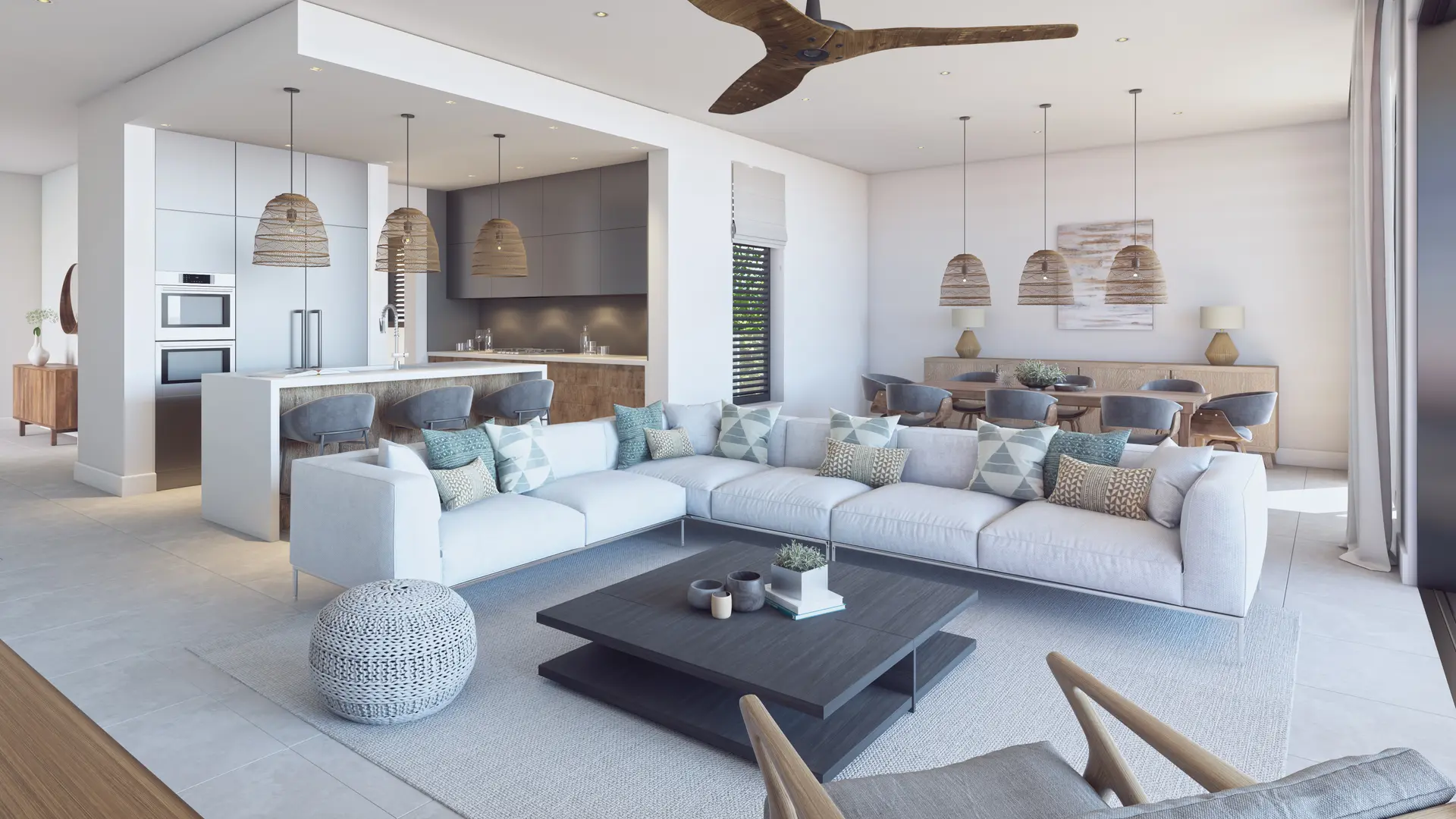 The Peninsula living room and kitchen