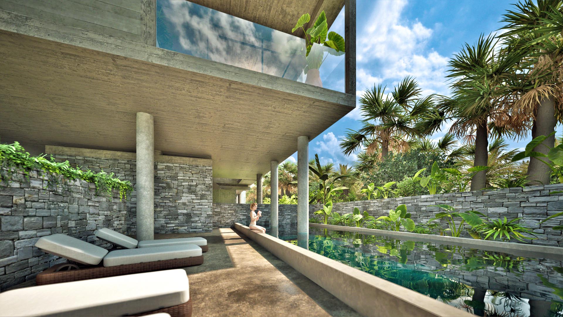 Piscine végétalisée – Crystal Cove by Westimmo Espace détente en rez-de-jardin avec piscine et végétation tropicale – Crystal Cove