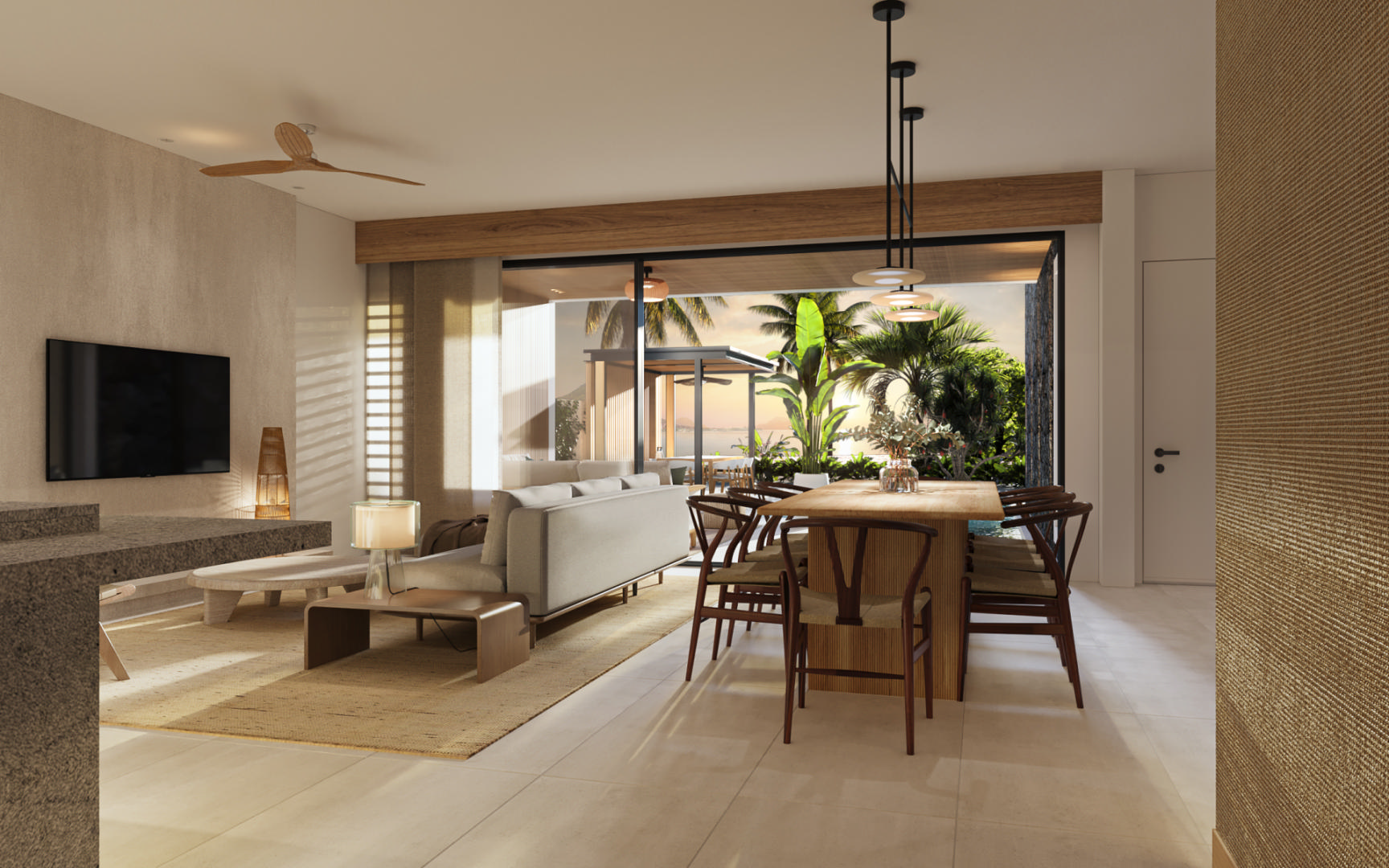 Dining and lounge area inside a SHOBA villa in Wolmar Mauritius