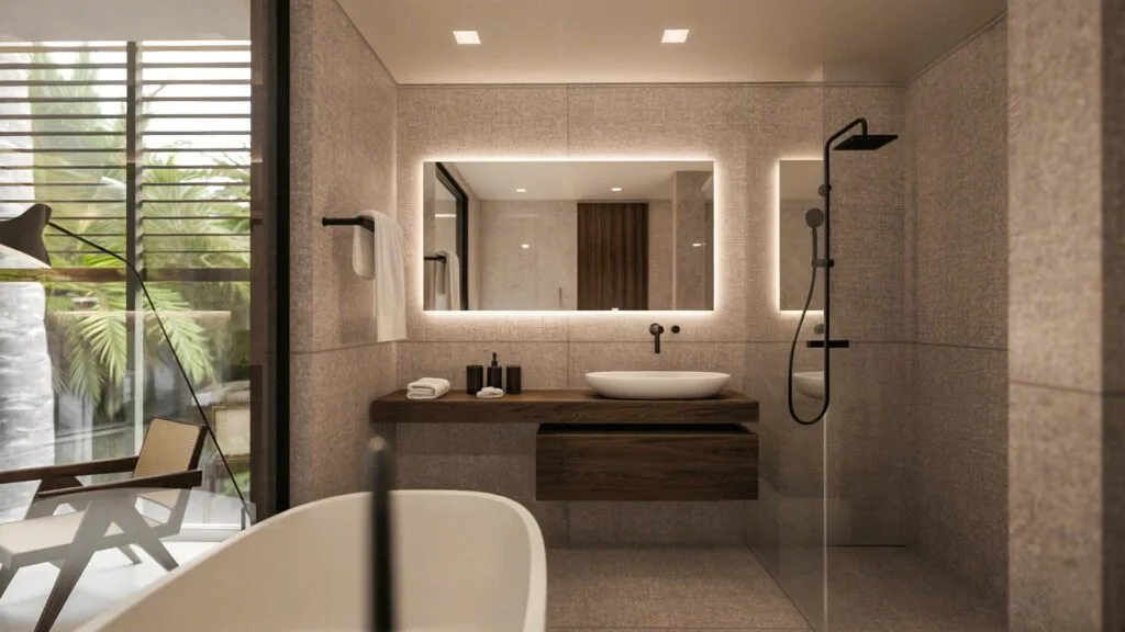 Salle de bains haut de gamme d'un appartement Crystal Cove, Roches Noires, île Maurice