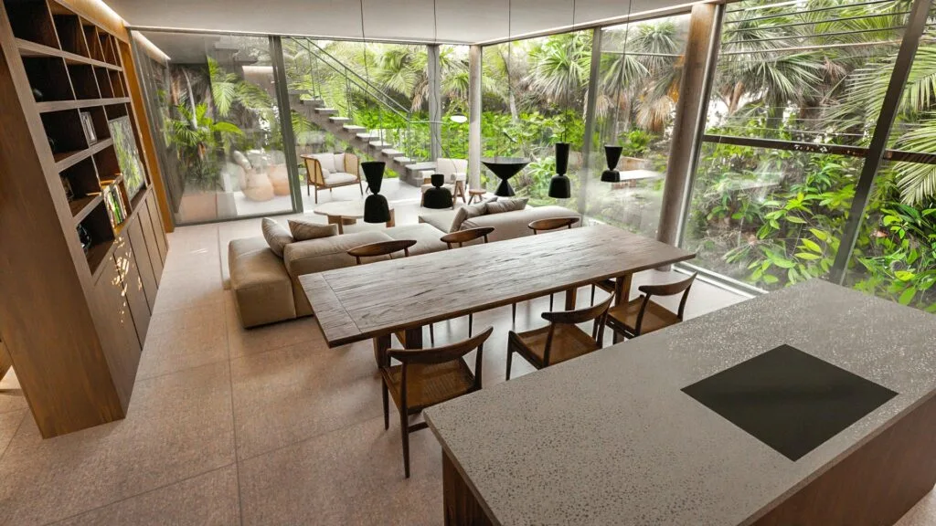 Salon avec baies vitrées panoramiques d'un appartement Crystal Cove, Roches Noires, île Maurice