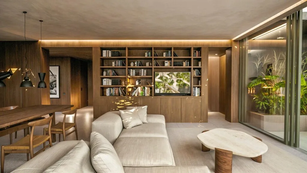 Salon de prestige avec bibliothèque dans un appartement Crystal Cove, île Maurice