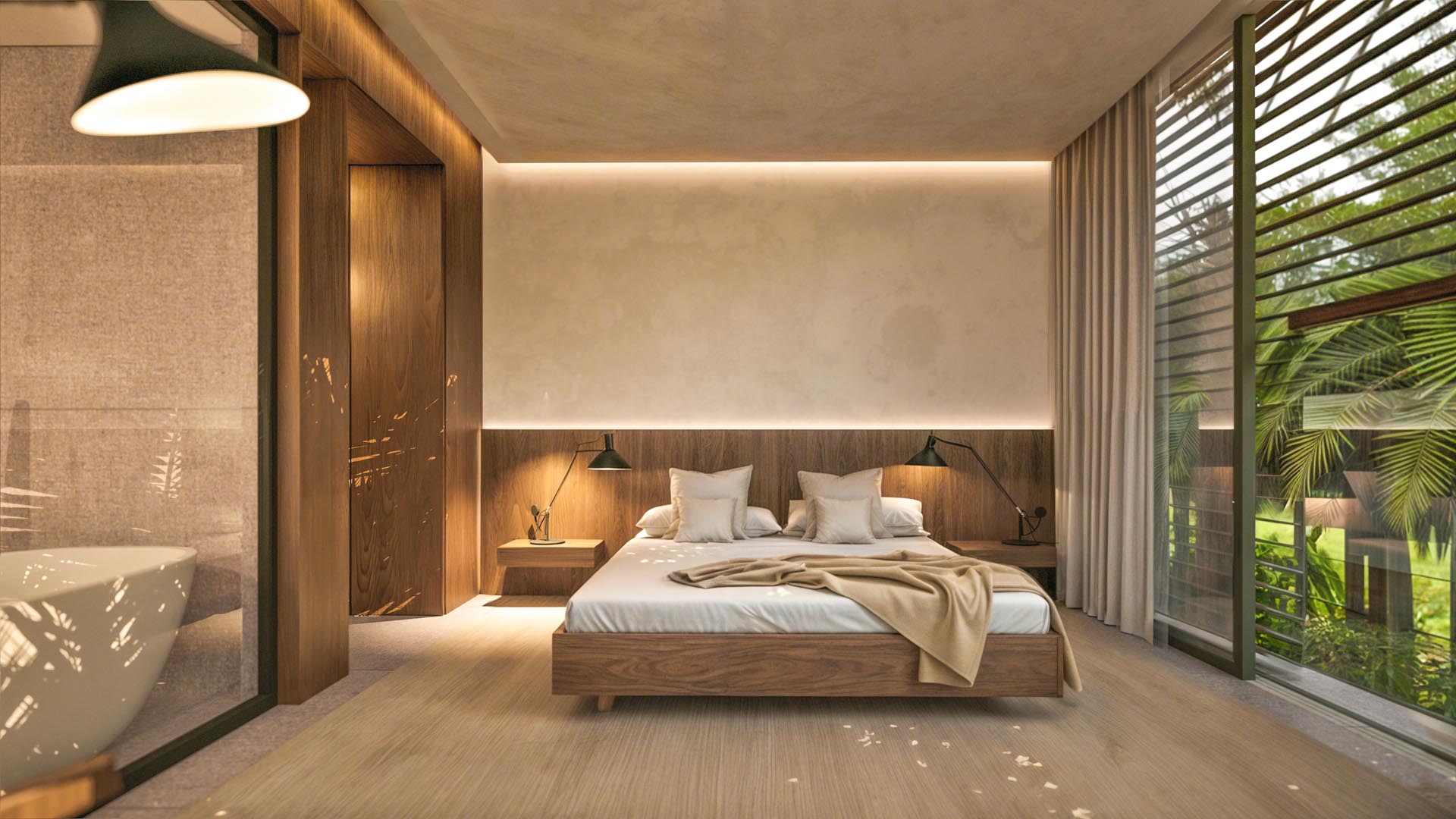 Suite Parentale – Crystal Cove By Westimmo Suite de luxe à Crystal Cove by Westimmo, avec éclairage indirect et matières naturelles
