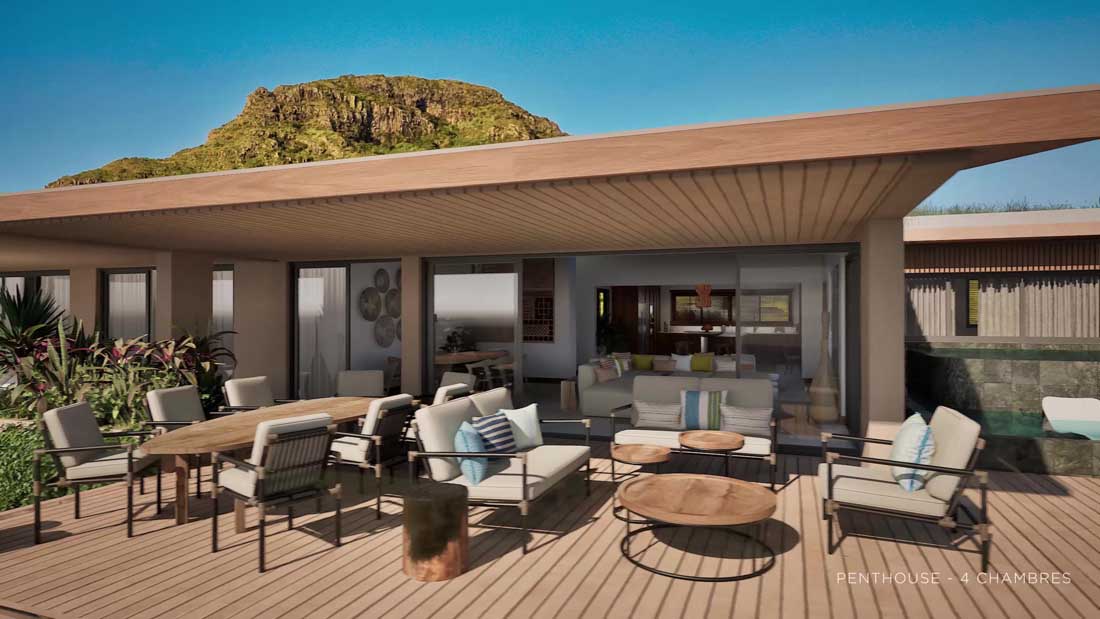 Terrasse penthouse Sunset Bay Tamarin vue panoramique lagon Le Morne