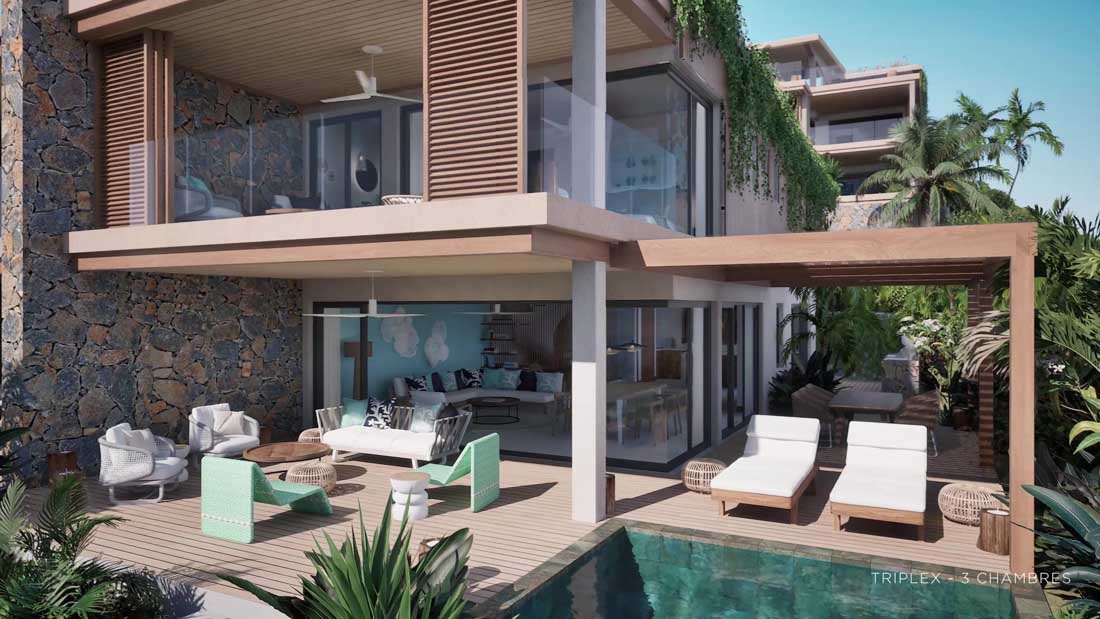 Séjour triplex Sunset Bay Tamarin ouvert sur terrasse et jardin