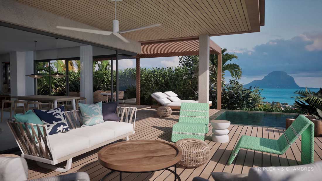 Terrasse triplex Sunset Bay Tamarin vue mer lagon Le Morne