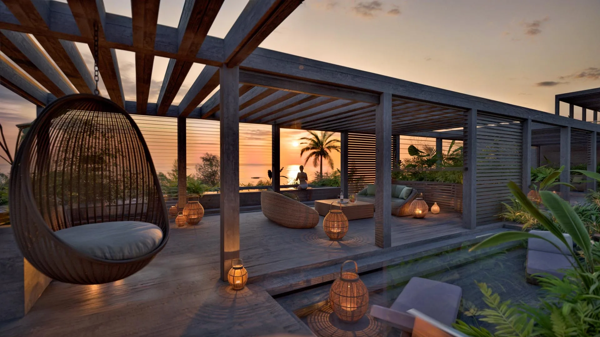 Terrasse rooftop au coucher de soleil à Crystal Cove, Roches Noires, île Maurice