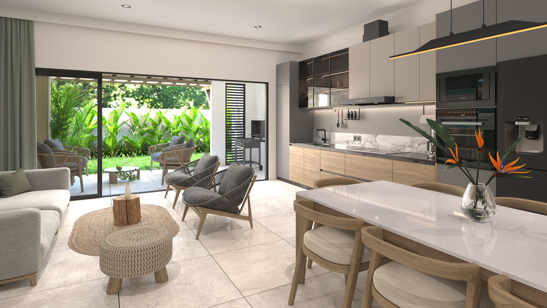 Modern kitchen with outdoor access at Zetwal Cap Tamarin, offering a bright and airy living environment, presented by Westimmo Luxury Real Estate