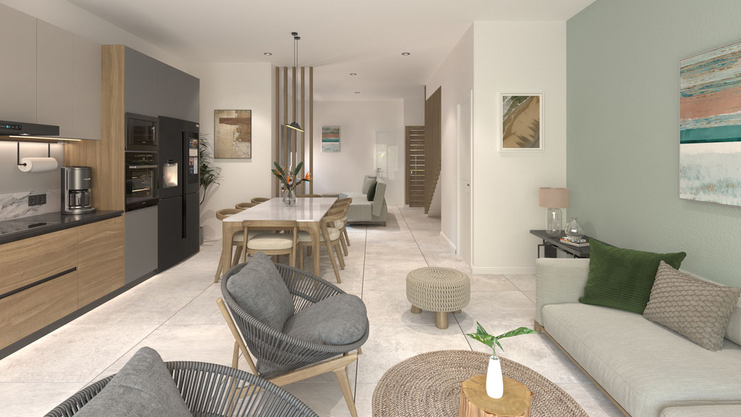 Salon et cuisine moderne à Zetwal Cap Tamarin, un espace de vie lumineux et fonctionnel proposé par Westimmo Luxury Real Estate