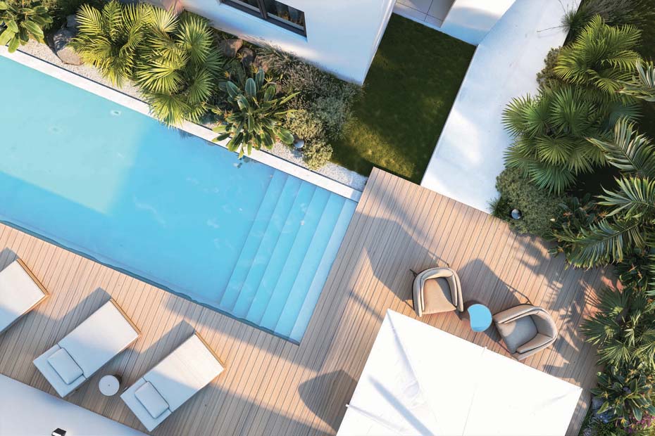 Résidence Amali Tamarin – architecture contemporaine avec piscine commune et jardins tropicaux, vue sur l'océan Indien