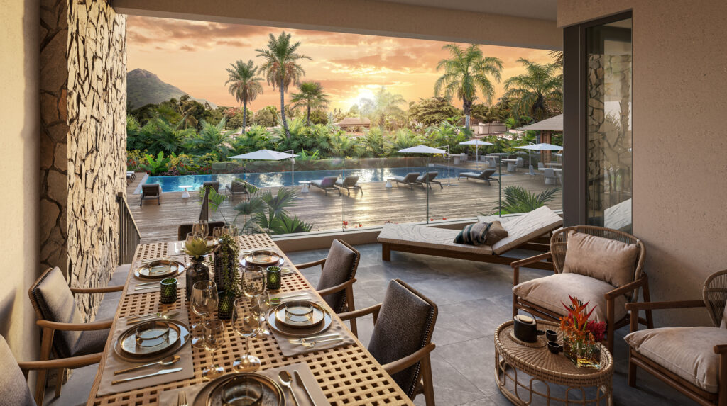 Image montrant un luxueux penthouse à Flic en Flac avec une vue spectaculaire sur la mer et le Morne