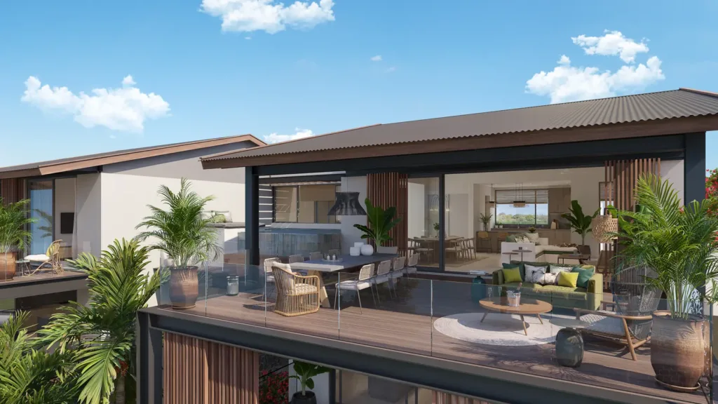 Terrasse et séjour d’un penthouse de L’Écho des Champs, Anahita Beau Champ