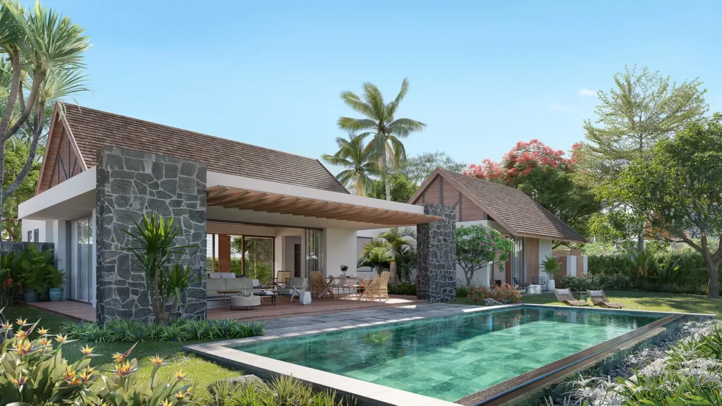 Villa Demera modèle 4, piscine et façade en pierre, L’Écho des Champs, Anahita Beau Champ