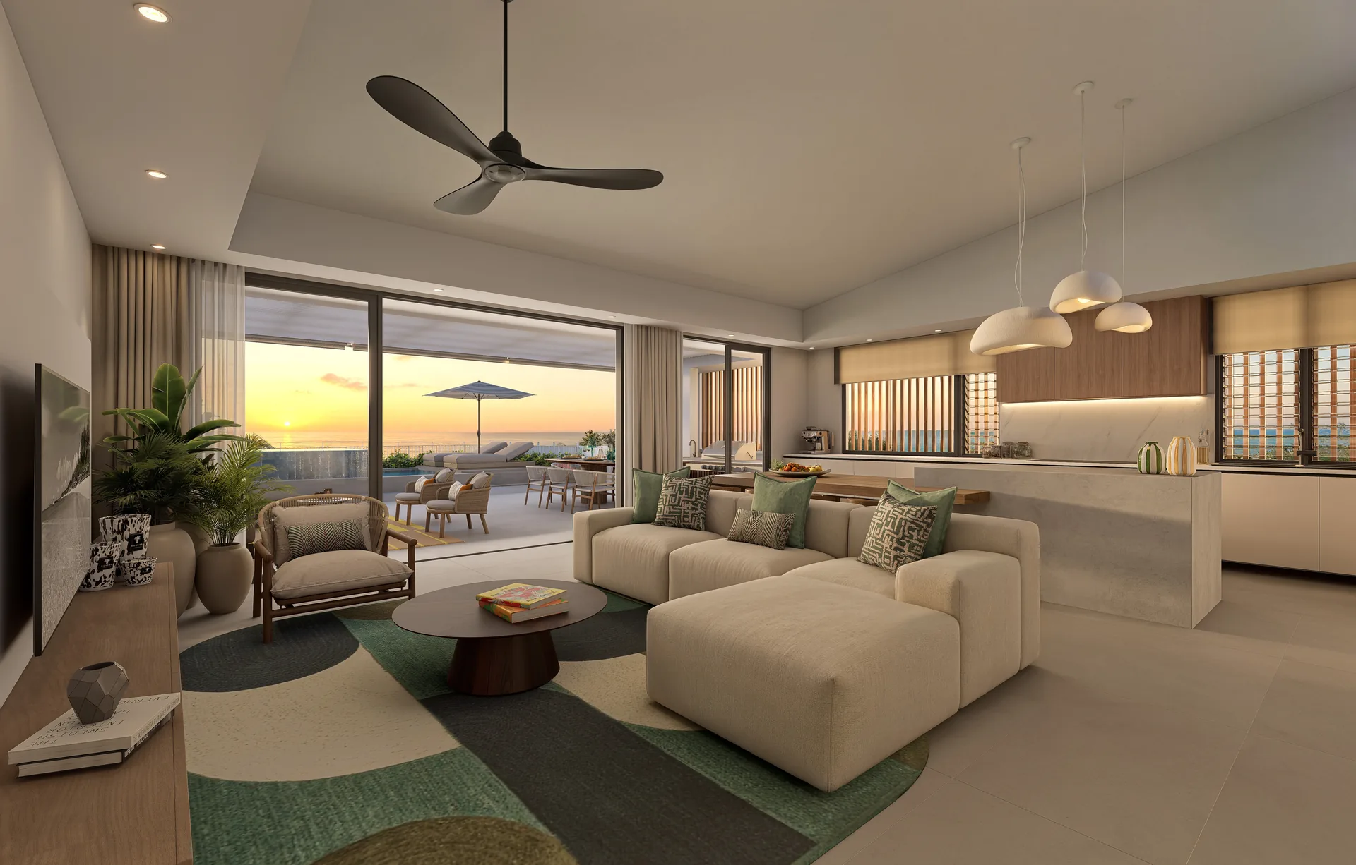 Séjour du penthouse duplex Anaya 6 avec vue sur le lagon, Tamarin