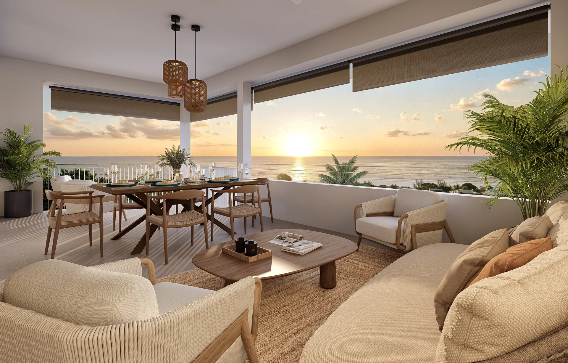 Terrasse d’un appartement Anaya 6 face au lagon au coucher du soleil, Tamarin