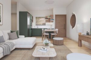 Salon lumineux avec vue sur la végétation tropicale dans un appartement 1 chambre à Azuri – Westimmo