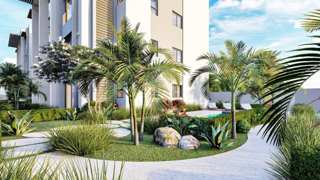 Jardins et allée de la résidence Coastal View 3, Grand Baie, île Maurice (illustration)