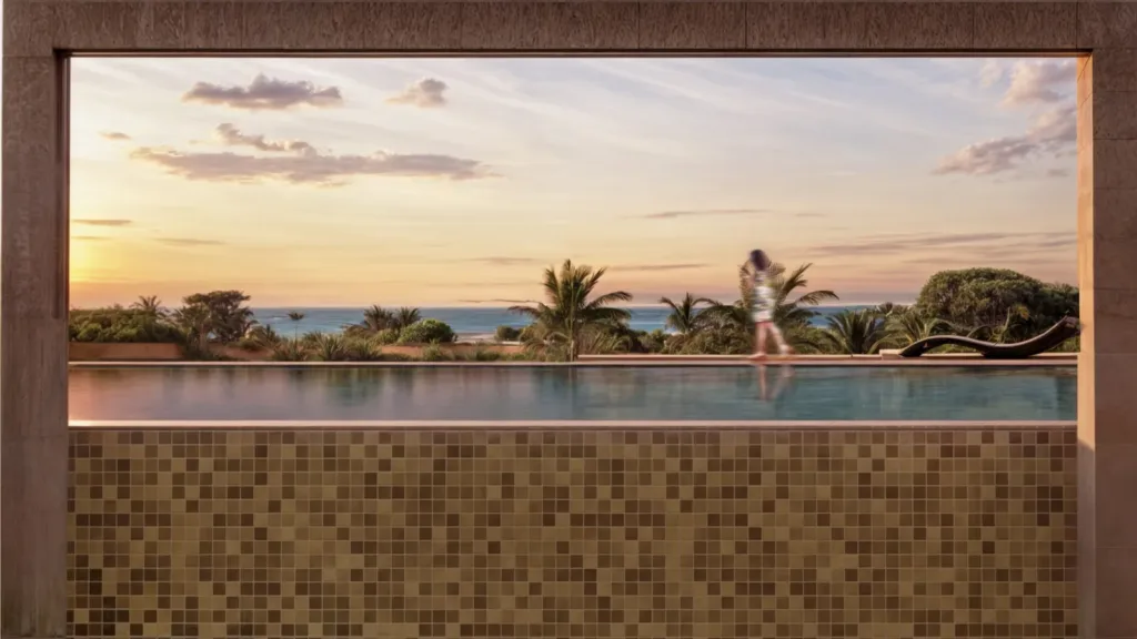 Piscine à débordement sur le toit de la résidence Emara au coucher du soleil, île Maurice (illustration)
