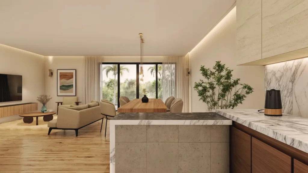Vue d’ensemble du séjour et de la cuisine d’un appartement, résidence Emara, île Maurice (illustration)