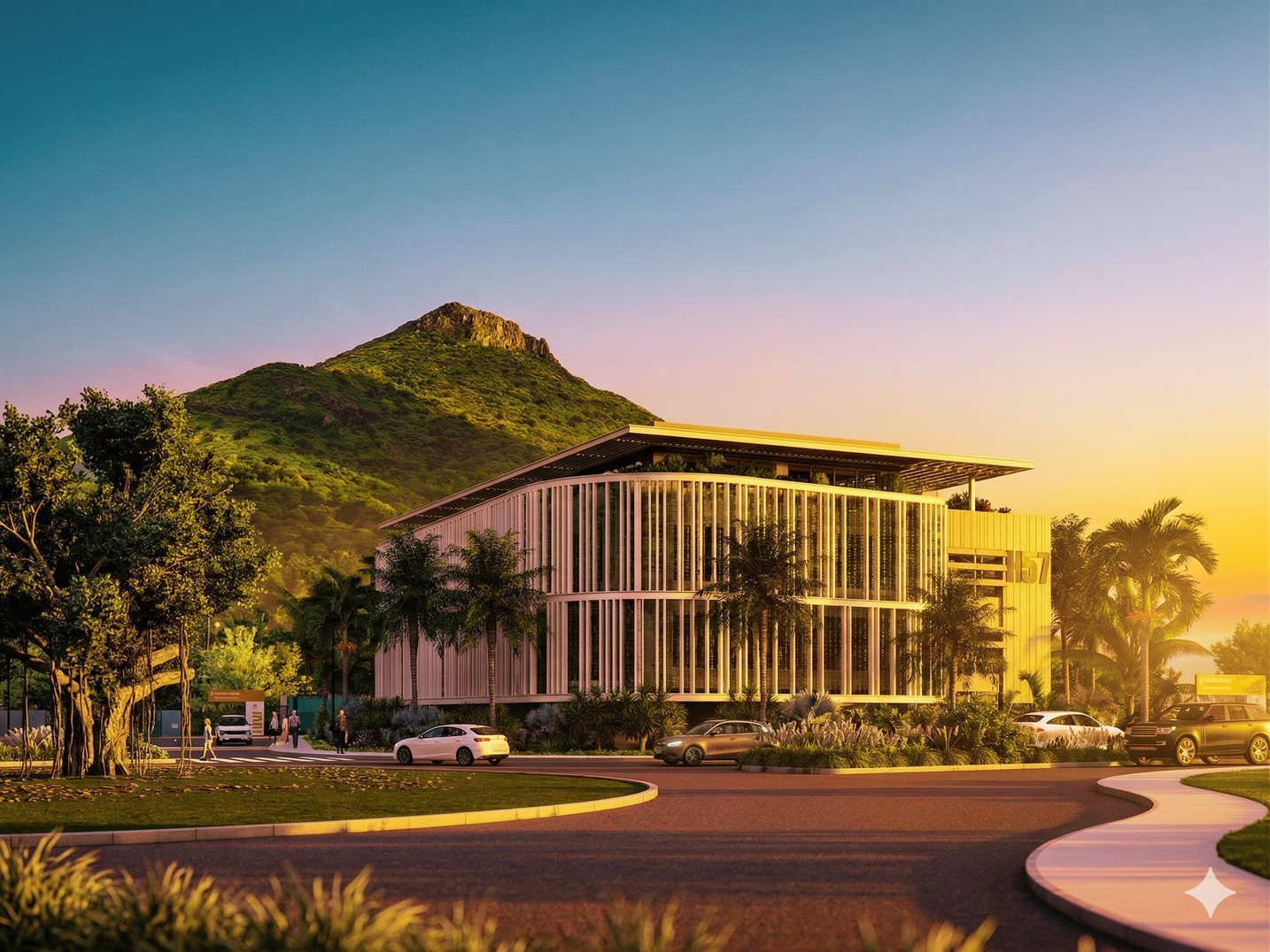 L’immeuble de bureaux H57 à Cap Tamarin au crépuscule, île Maurice