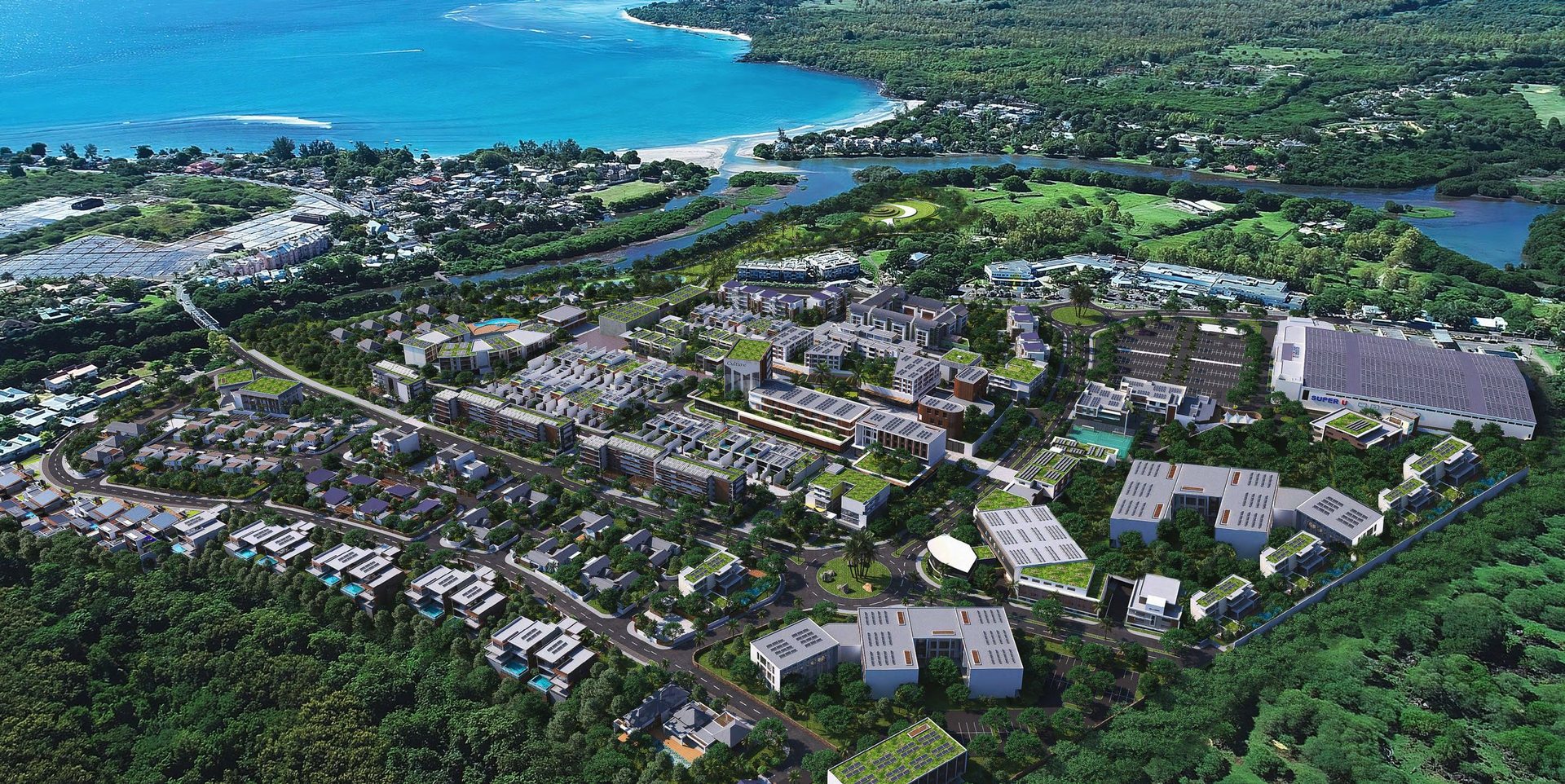 Vue aérienne de Cap Tamarin Smart City et de la baie de Tamarin, île Maurice