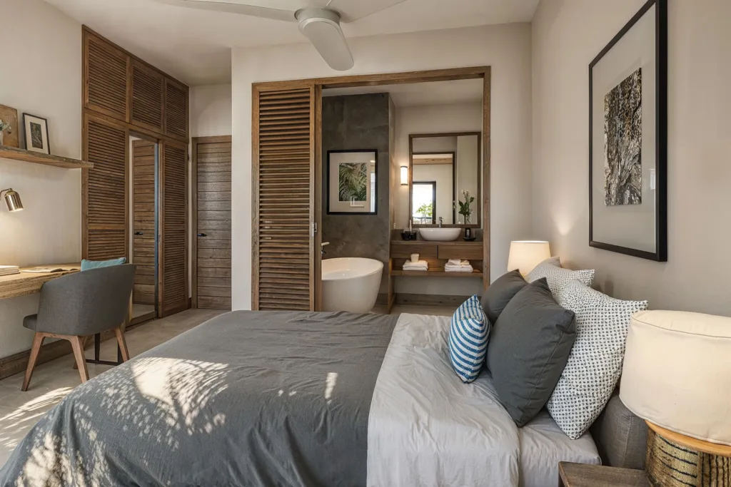 Bedroom with en-suite bathroom, La Pointe, Grand Baie, Mauritius (illustration)