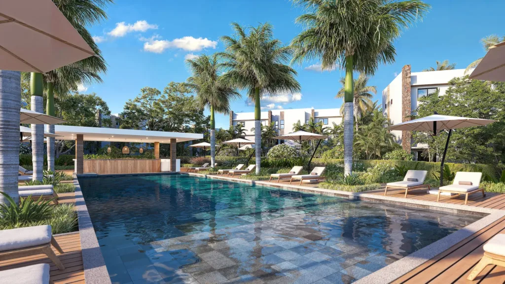 Pool and terraces of the La Pointe residence, Grand Baie, Mauritius (illustration)