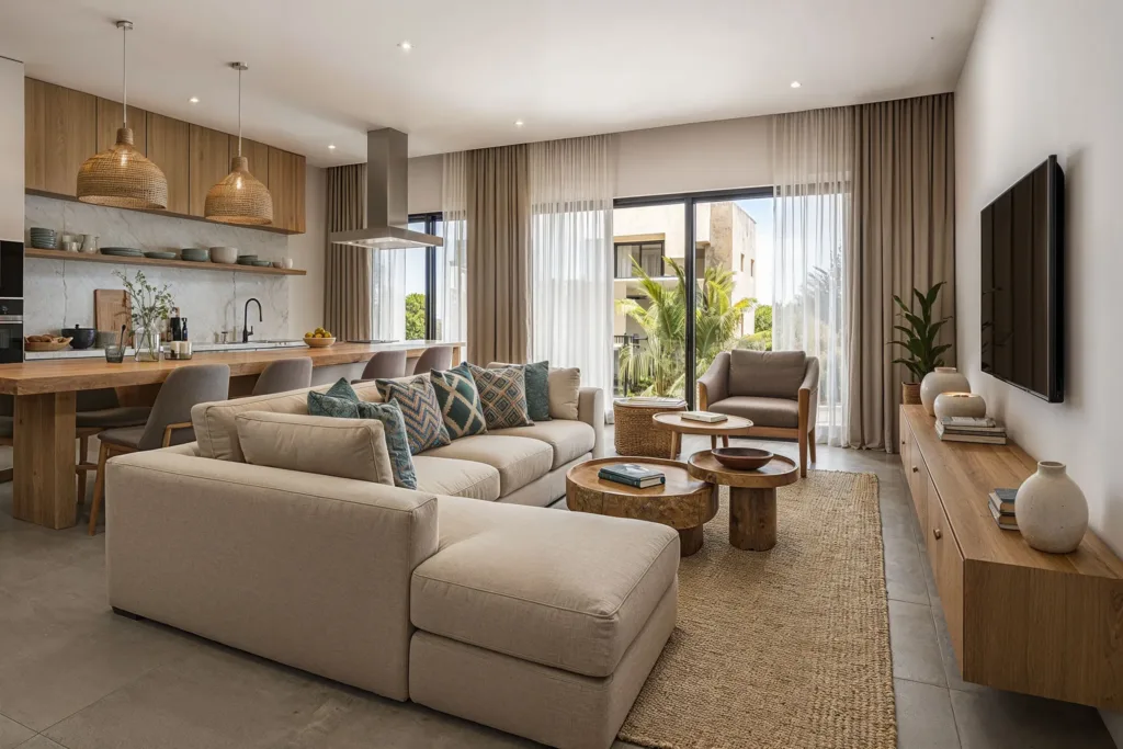 Living room of a 3-bedroom apartment, La Pointe, Grand Baie, Mauritius (illustration)