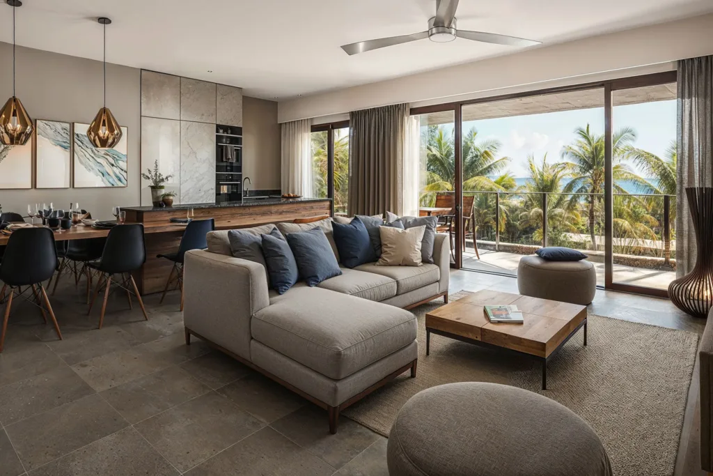 Penthouse living room opening onto the terrace, La Pointe, Grand Baie, Mauritius (illustration)