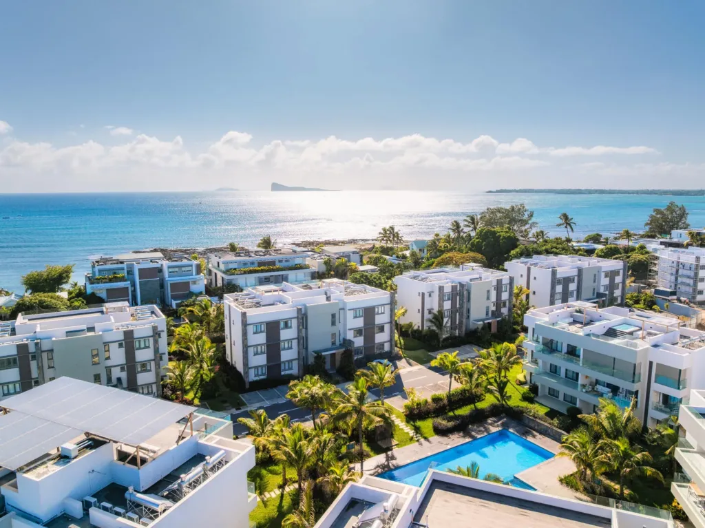 Aerial view of the residence buildings and the sea, Pointe aux Canonniers, Mauritius