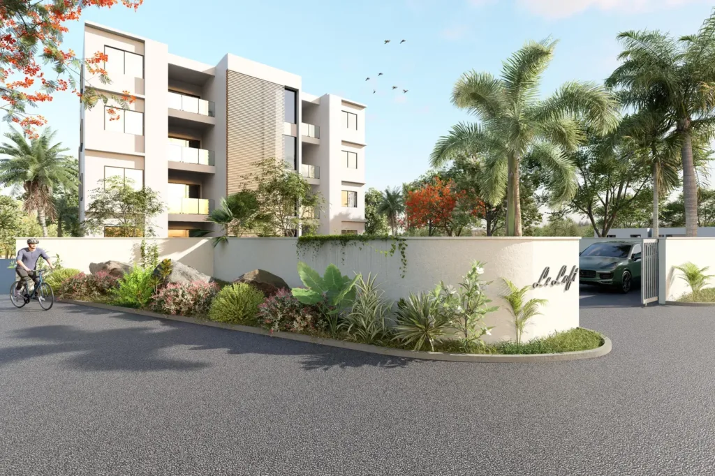 Entrée paysagée de la résidence Le Loft, Beau Bassin, île Maurice (illustration)