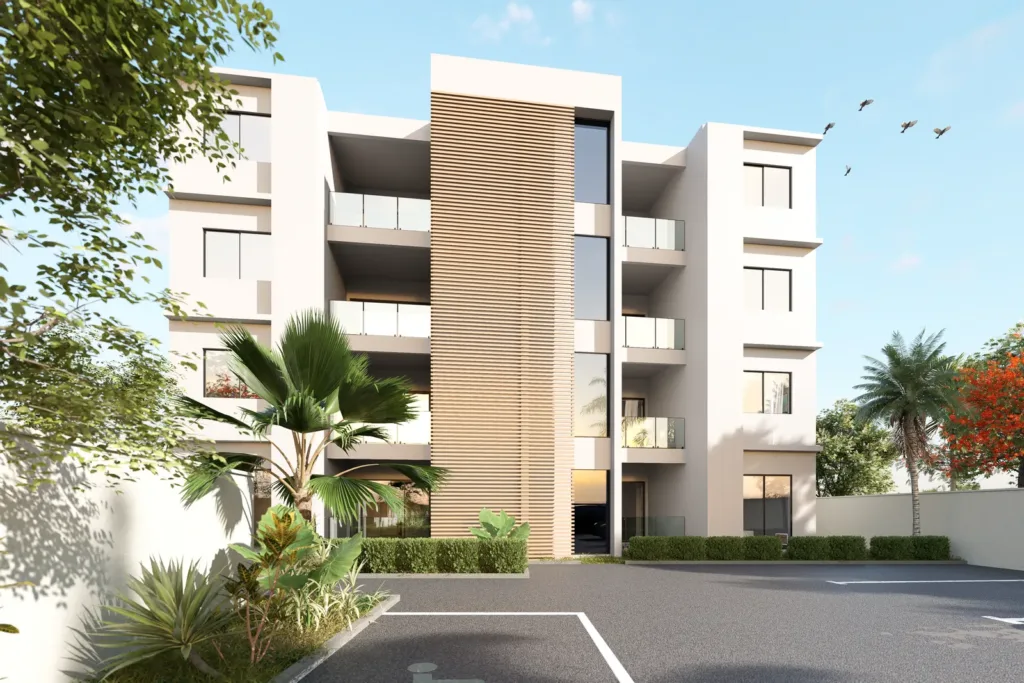 Façade et parking de la résidence Le Loft, Beau Bassin, île Maurice (illustration)