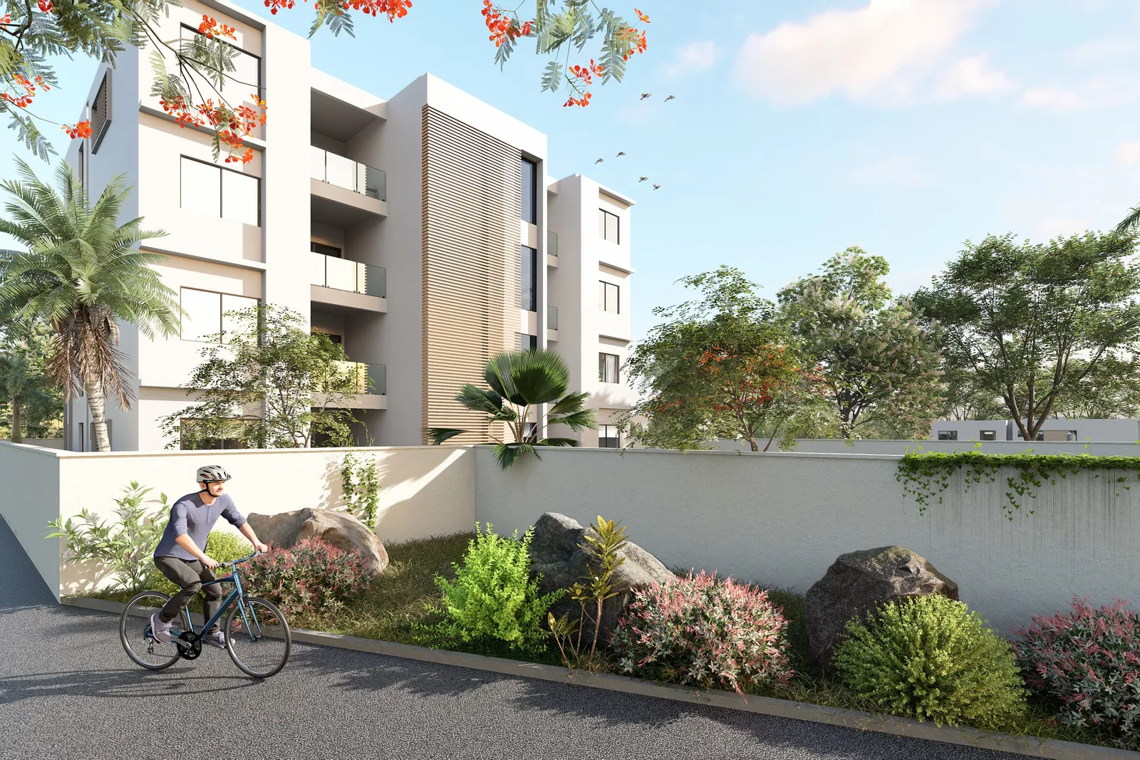La résidence Le Loft vue de la rue, appartements neufs à Beau Bassin, île Maurice (illustration)