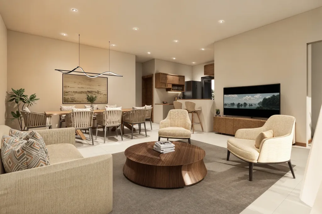 Séjour et salle à manger d’un appartement de 3 chambres, Le Loft, Beau Bassin, île Maurice (illustration)