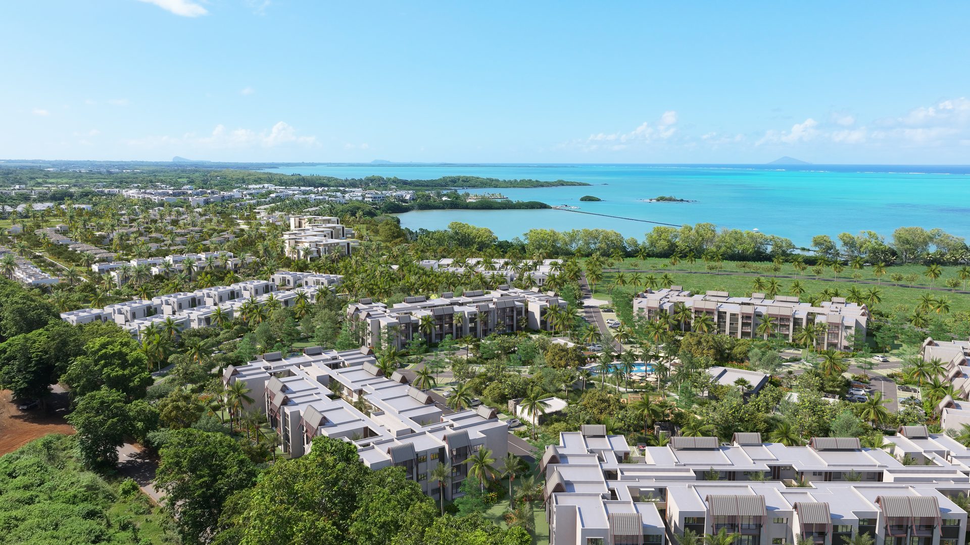 Les Méléanes à Azuri, vue aérienne des cinq blocs d’appartements, île Maurice