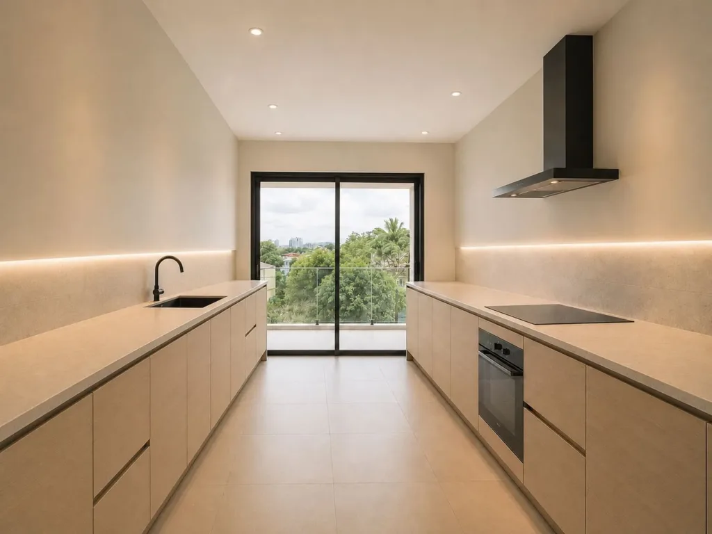 Cuisine contemporaine d’un appartement, Residence Doyen, Quatre Bornes, île Maurice (illustration)