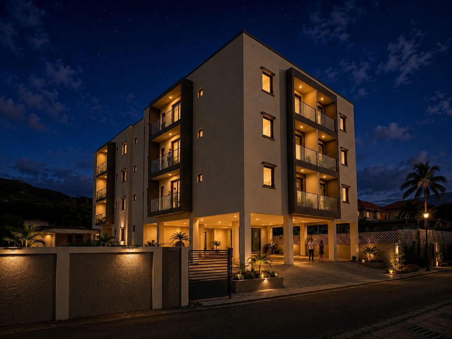 L’immeuble Residence Doyen de nuit, appartements neufs à Quatre Bornes, île Maurice (illustration)