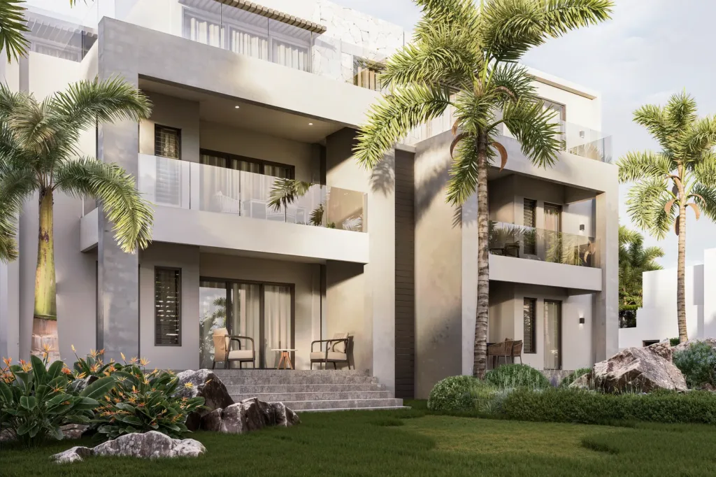 Façade et terrasses de la résidence River Edge côté jardin, Tamarin, île Maurice (illustration)